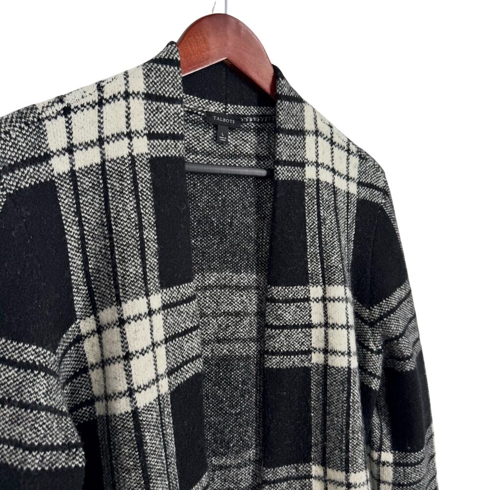Talbots Sz Large Cozy Knit Open Front Black Plaid Open Front Sweater Christmas - Picture 4 of 9